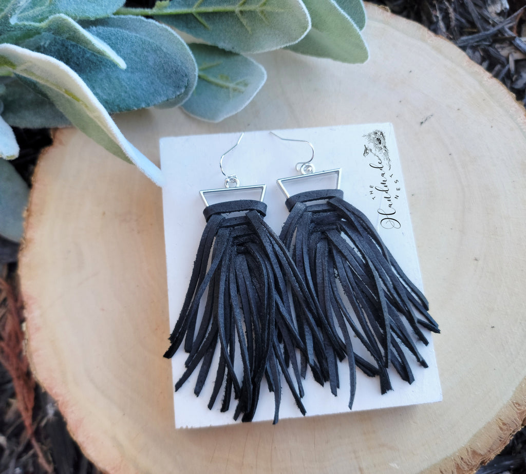 Genuine Leather Black Fringe Earrings